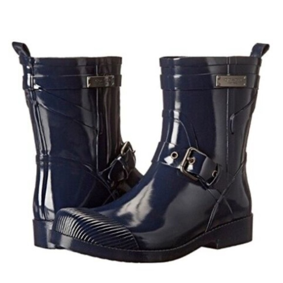 Coach Lester Short Calf Navy Blue Rubber Wellies Rain Boots with Buckle size 6 B - Picture 1 of 13